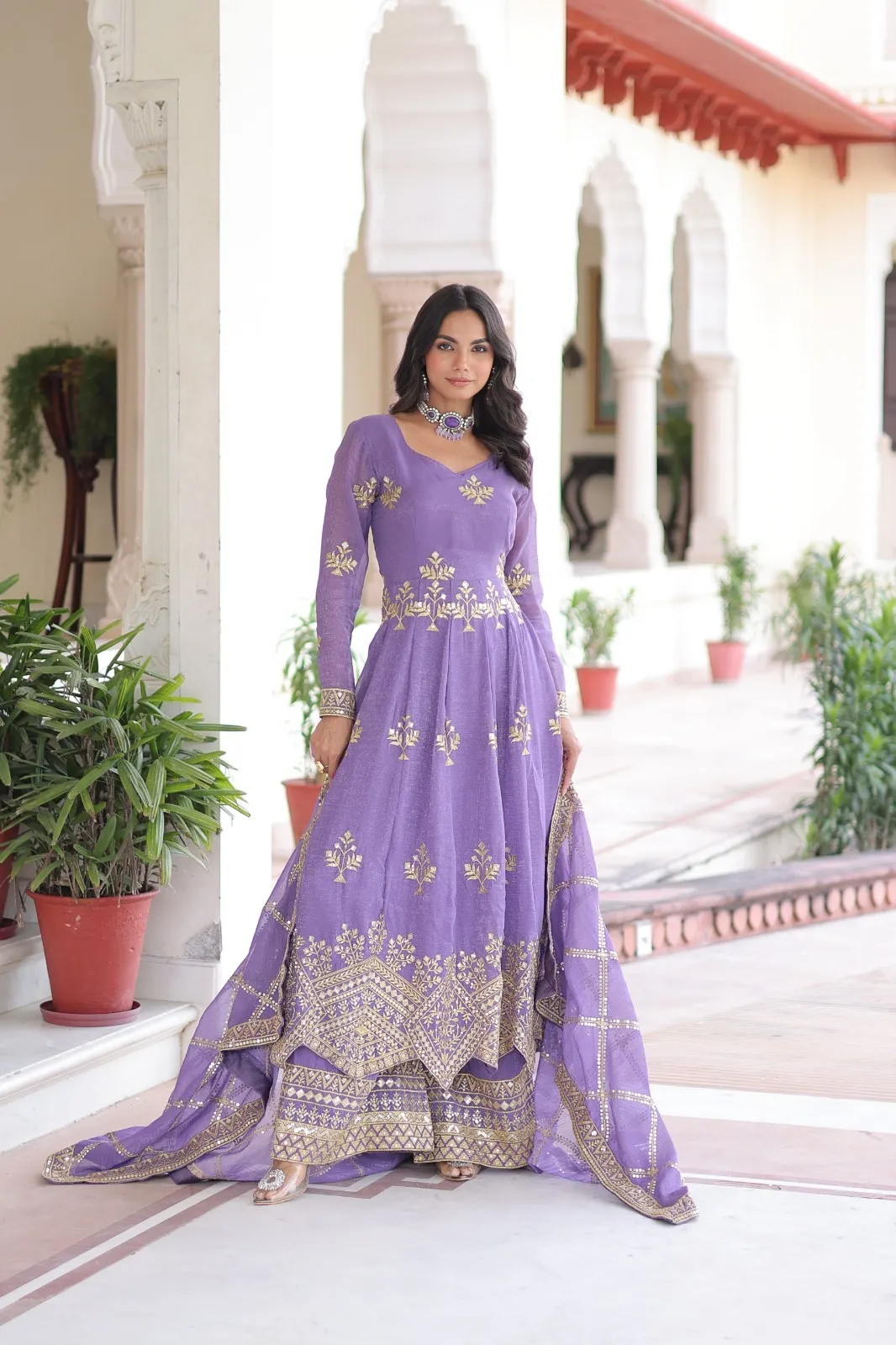 Lavender Heavy Work Gown with Bottom &amp; Dupatta