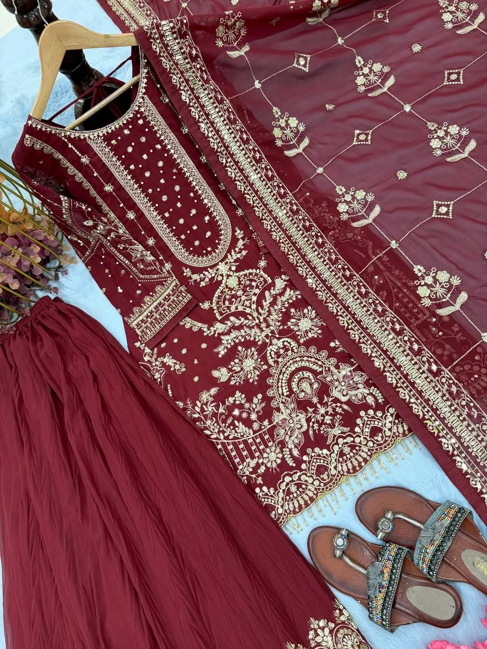 Maroon Pakistani Sharara Salwar Set