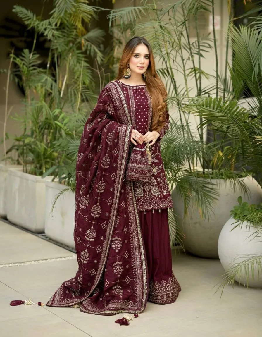 Maroon Pakistani Sharara Salwar Set
