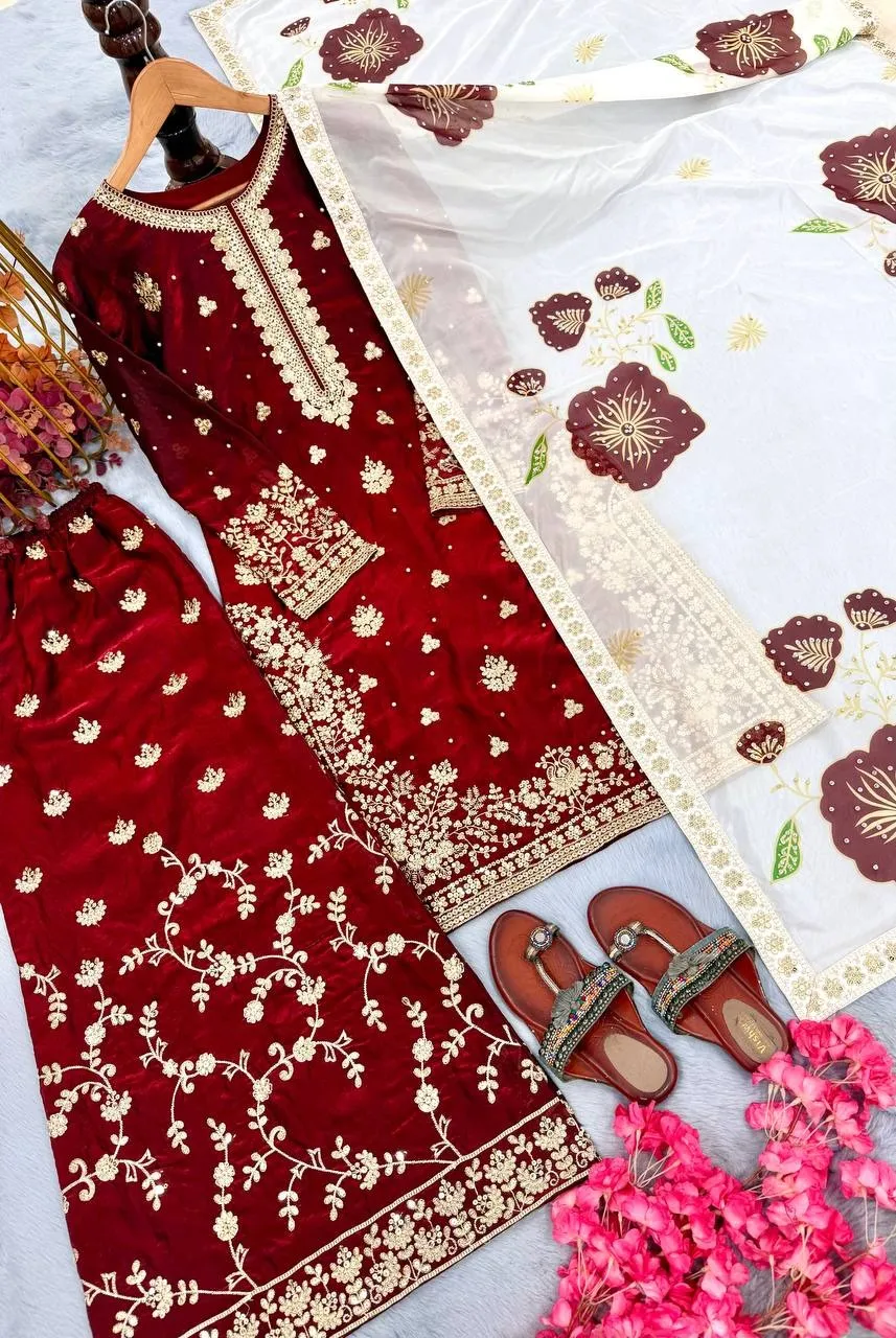 Maroon Readymade Pakistani Sharara Suit Set