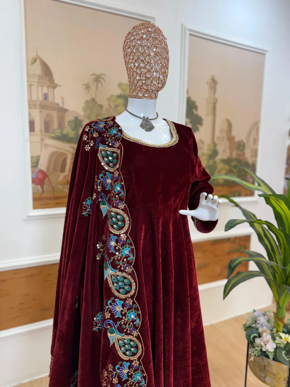 Maroon Velvet Gown with Heavy Dupatta