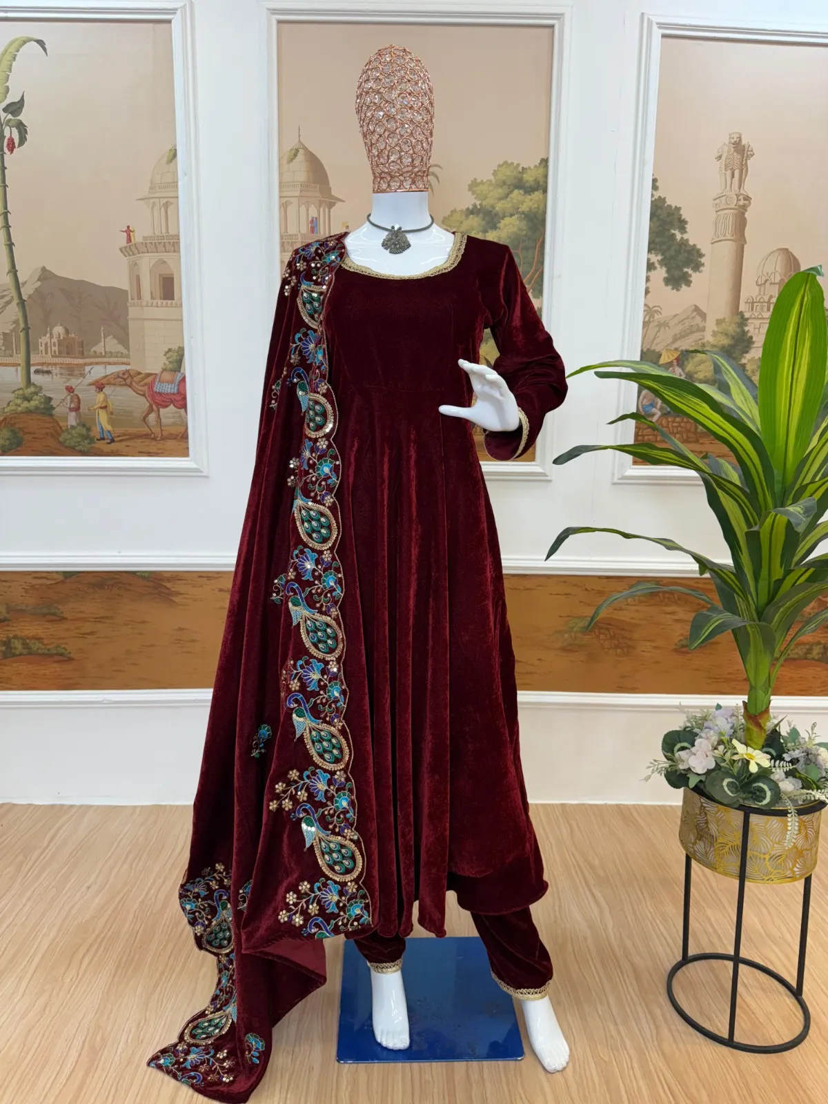 Maroon Velvet Gown with Heavy Dupatta