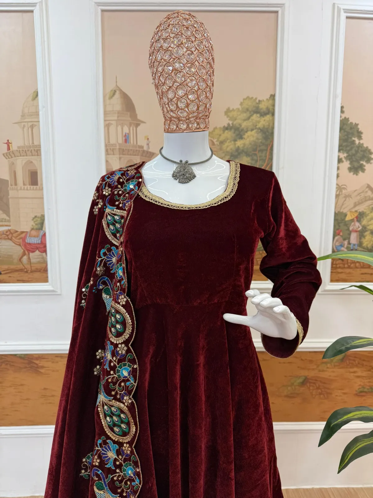 Maroon Velvet Gown with Heavy Dupatta
