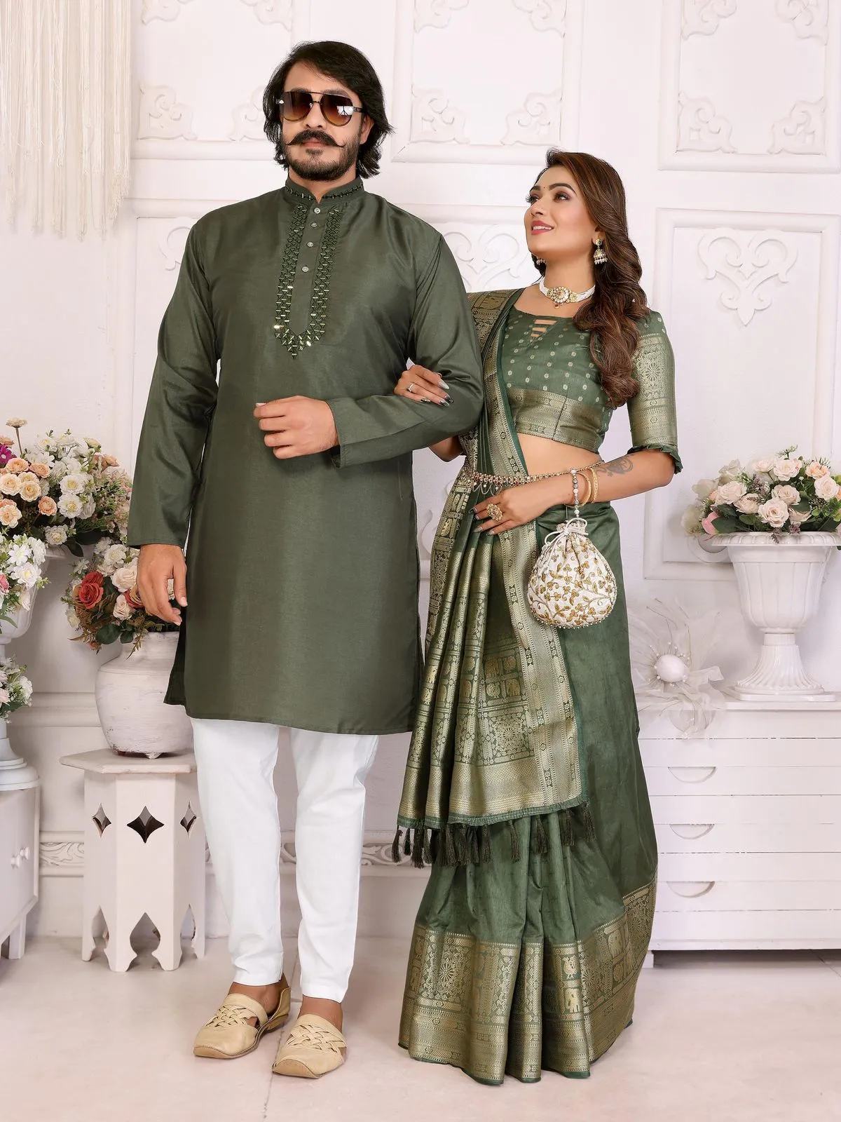 Mehendi Color Couple Combo Saree with Kurta