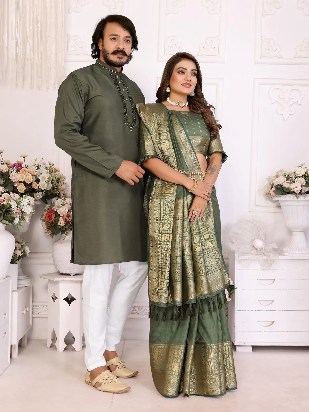Mehendi Color Couple Combo Saree with Kurta
