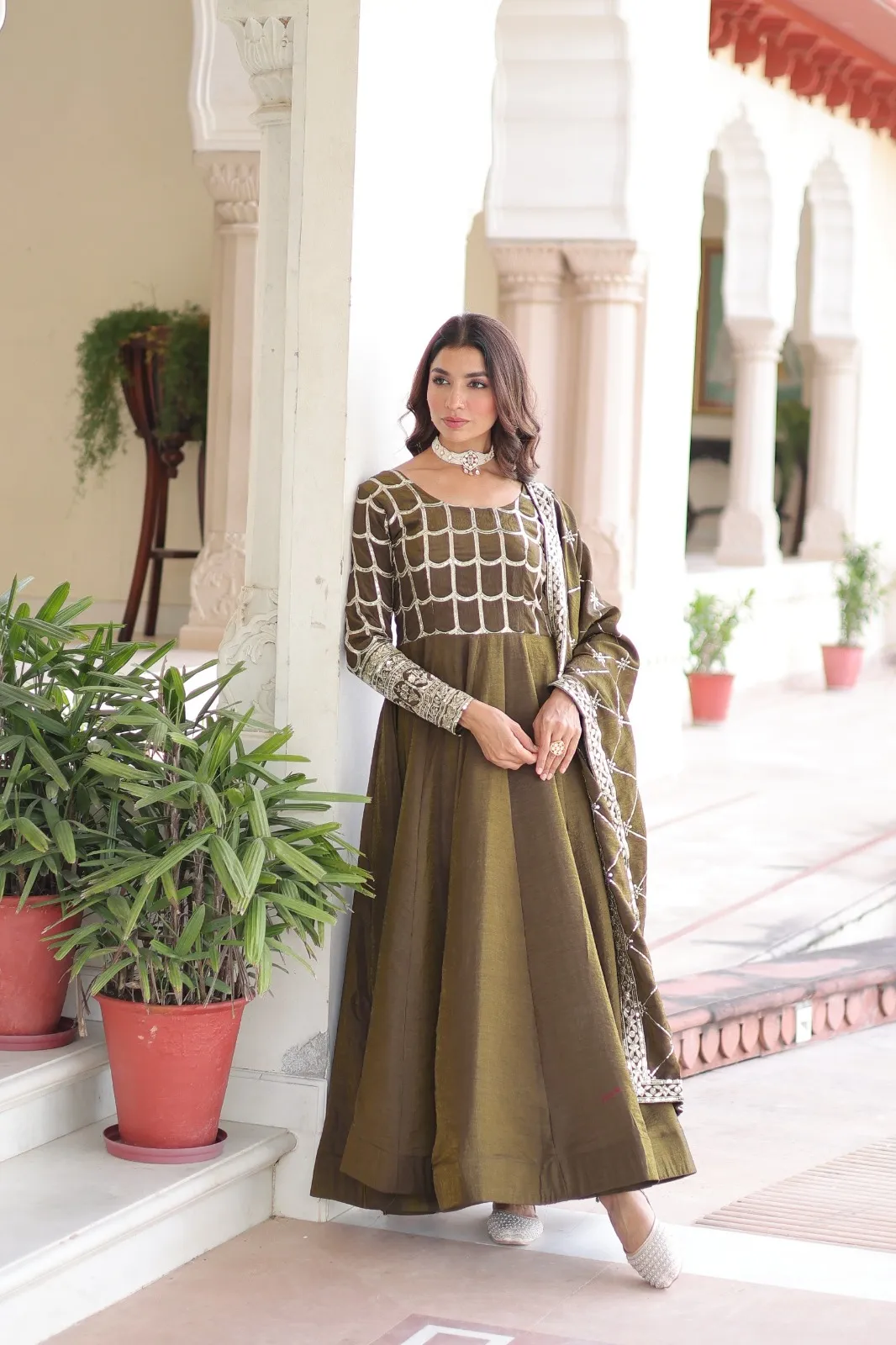 Mehendi Color Gown Dupatta for Haldi Function