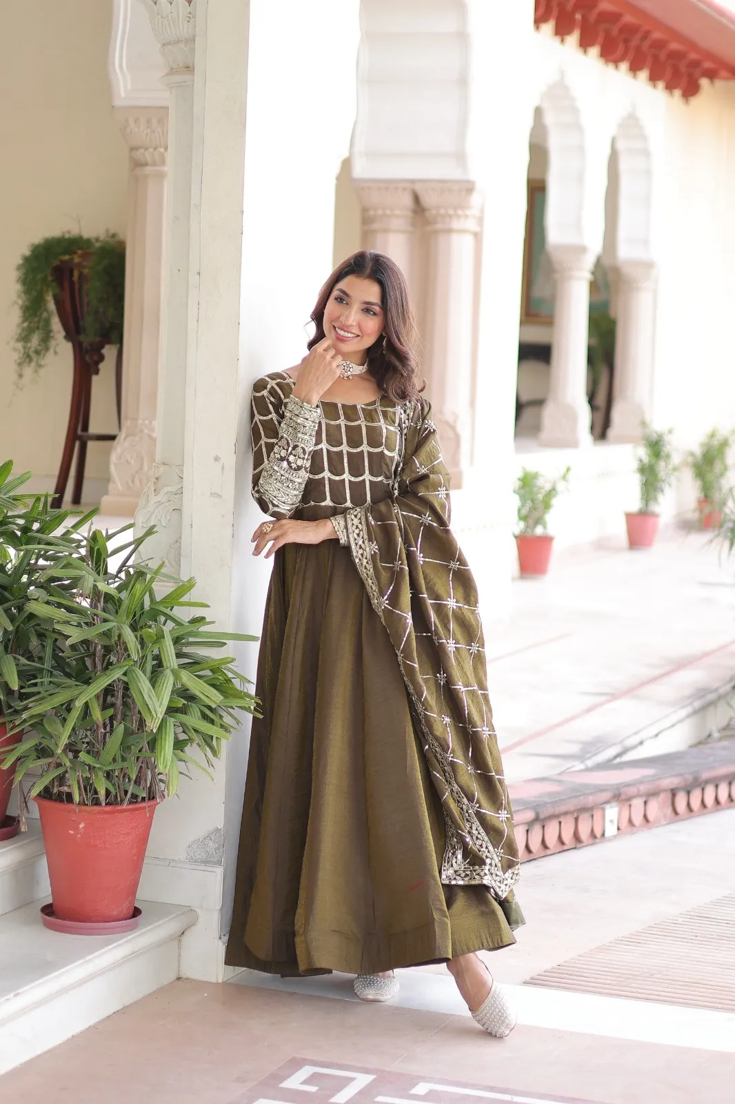 Mehendi Color Gown Dupatta for Haldi Function