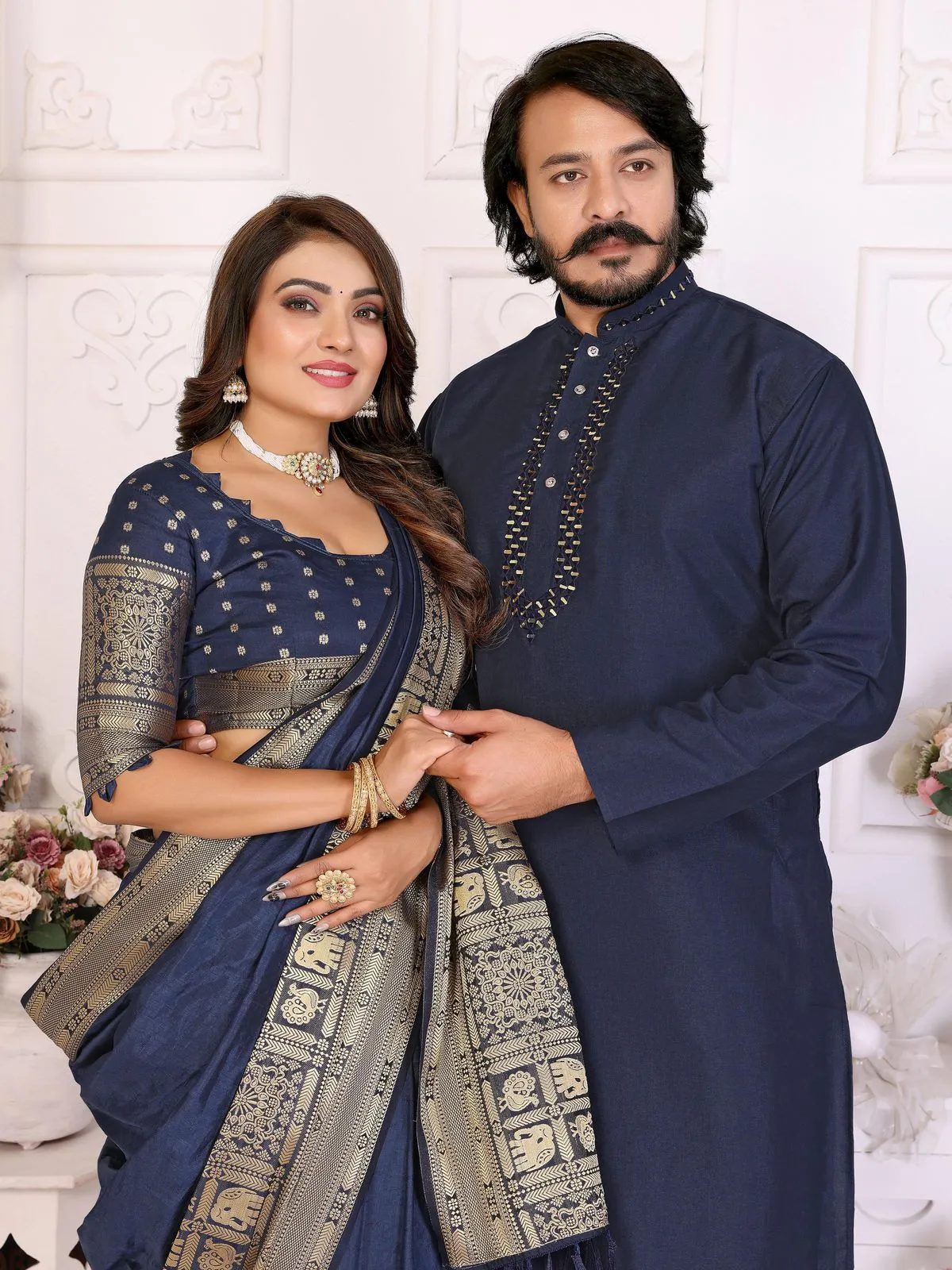 Navy Blue Color Couple Combo Saree with Kurta Design