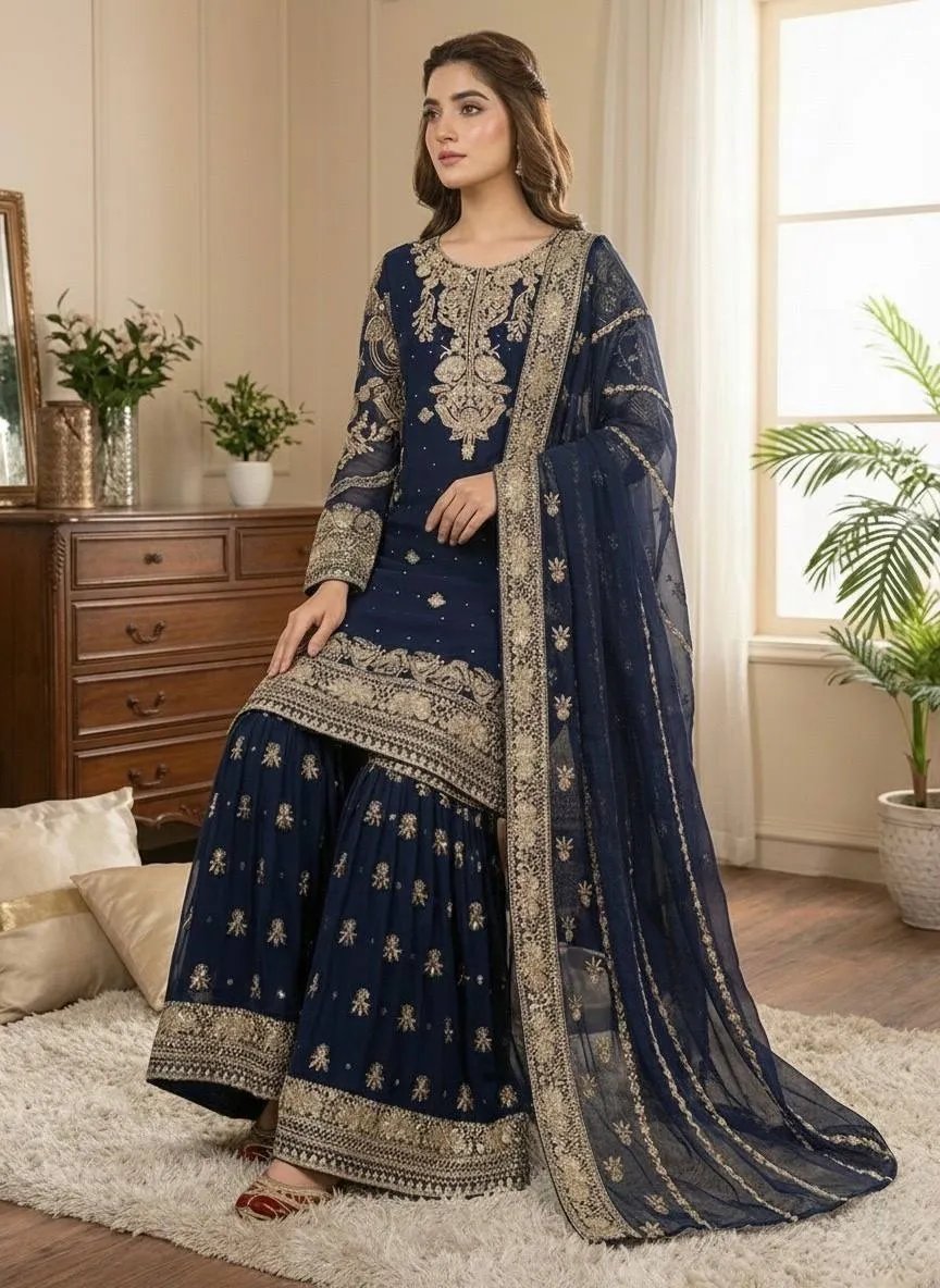 Navy Blue Pakistani Garara Dress