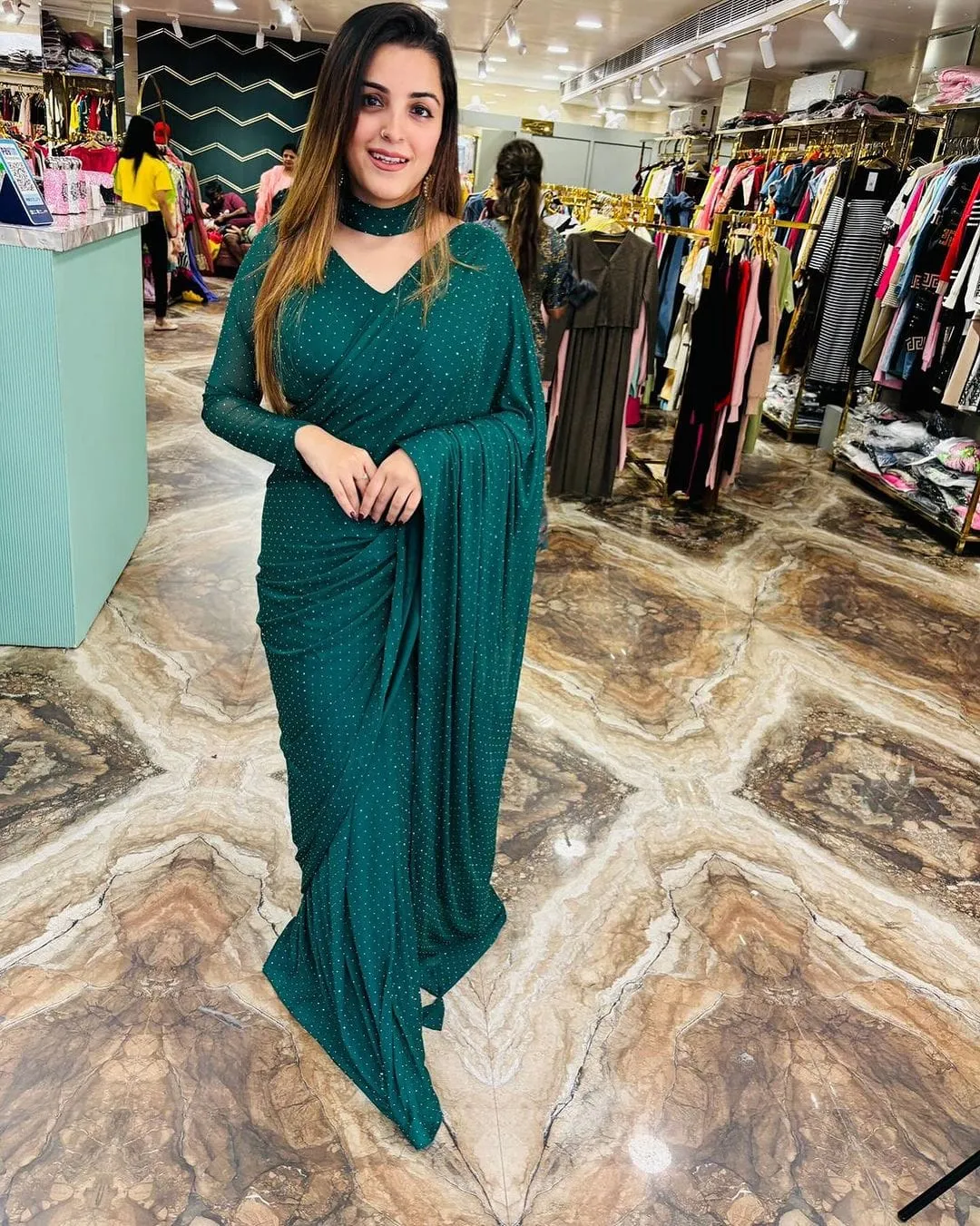 Night Party Wear Readymade Sarees Green