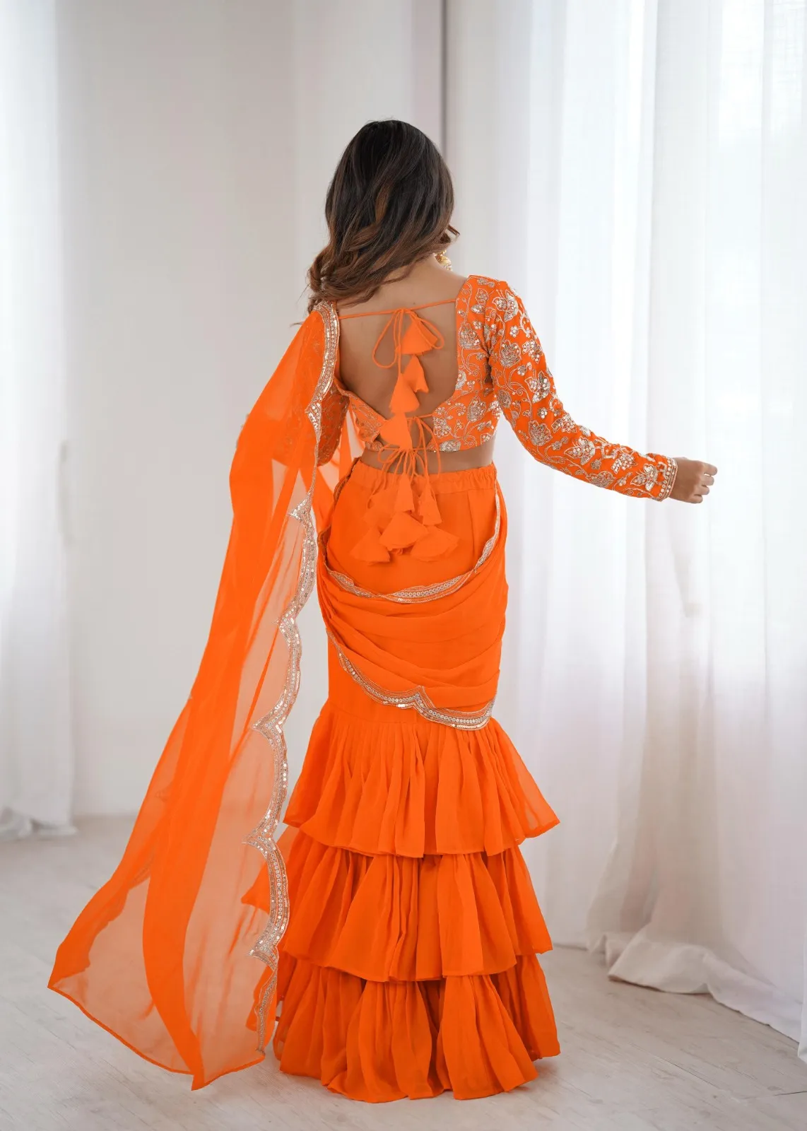 Orange Lehenga Saree with Embroidery Blouse