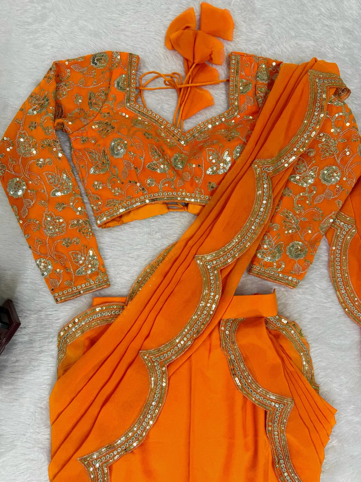 Orange Lehenga Saree with Embroidery Blouse