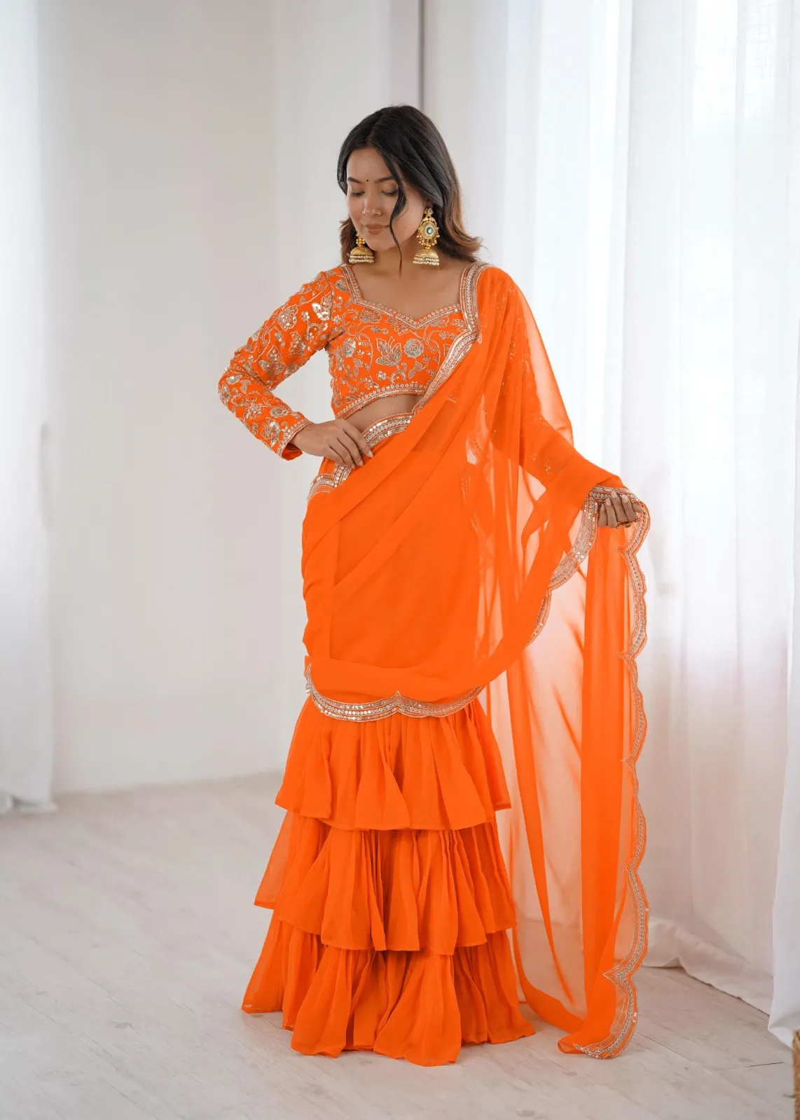 Orange Lehenga Saree with Embroidery Blouse