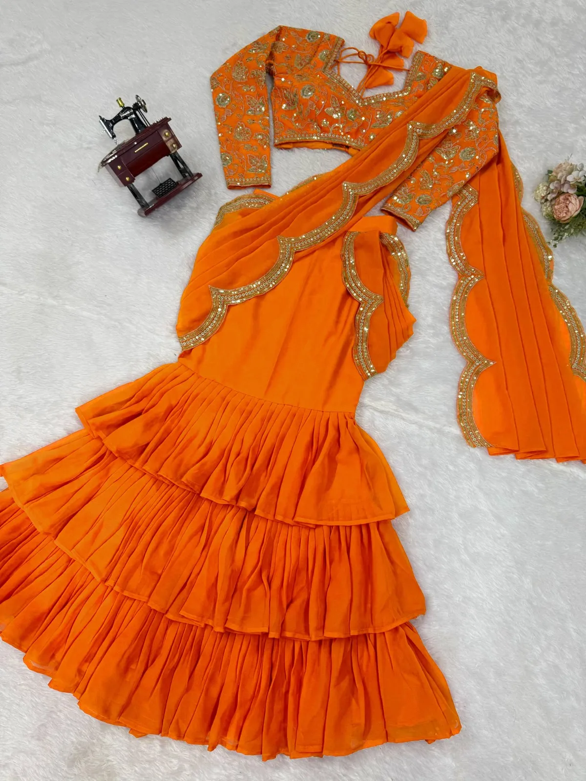 Orange Lehenga Saree with Embroidery Blouse