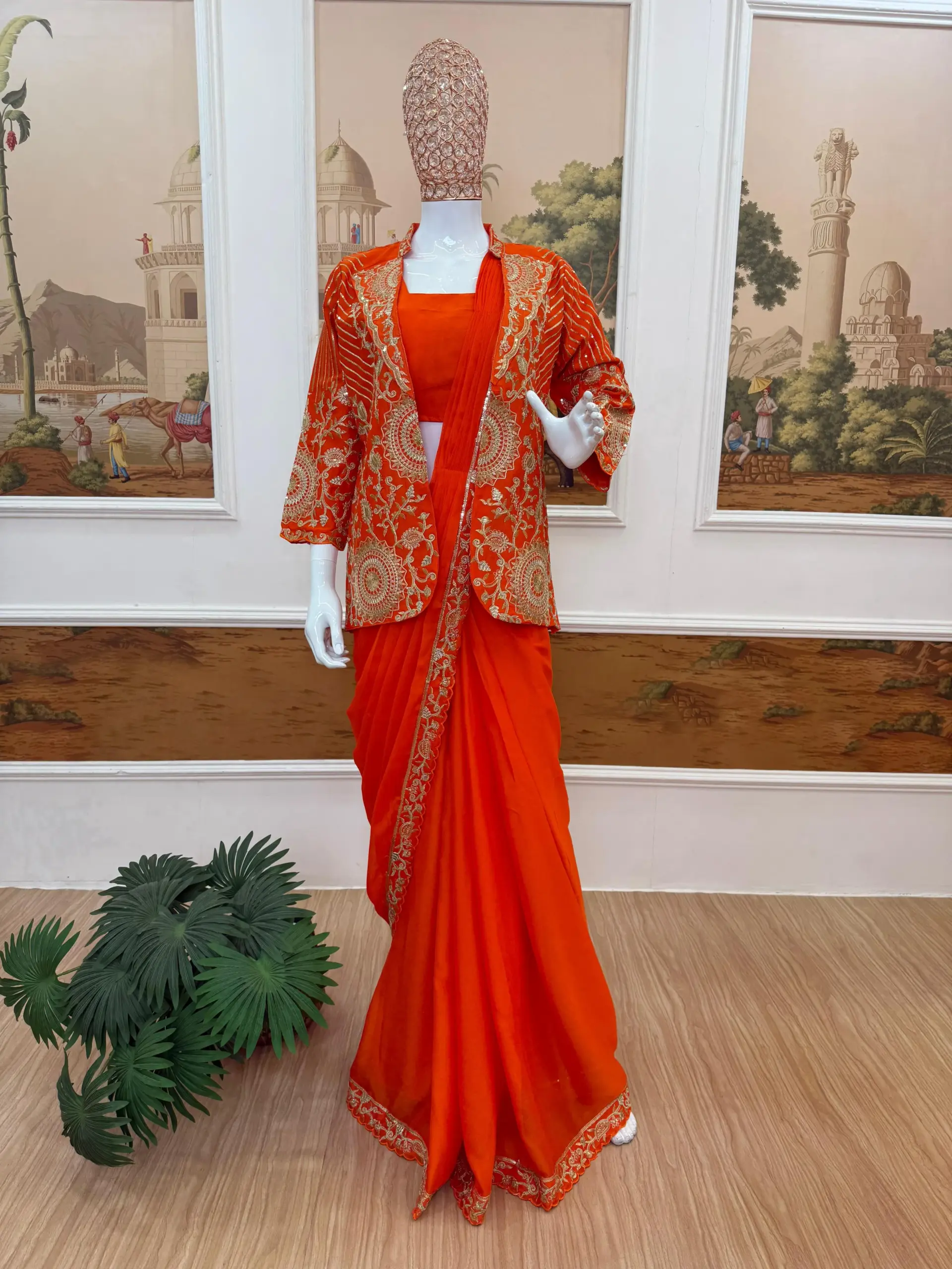 Orange Readymade Saree with Koti