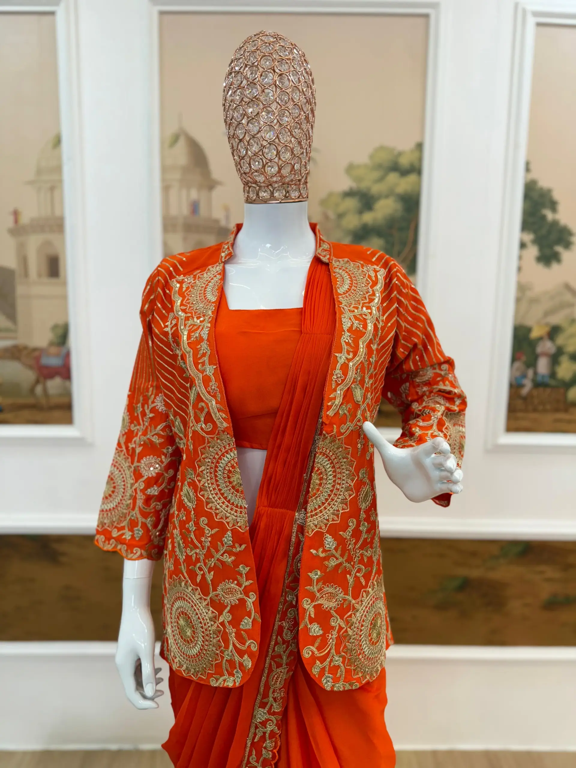 Orange Readymade Saree with Koti