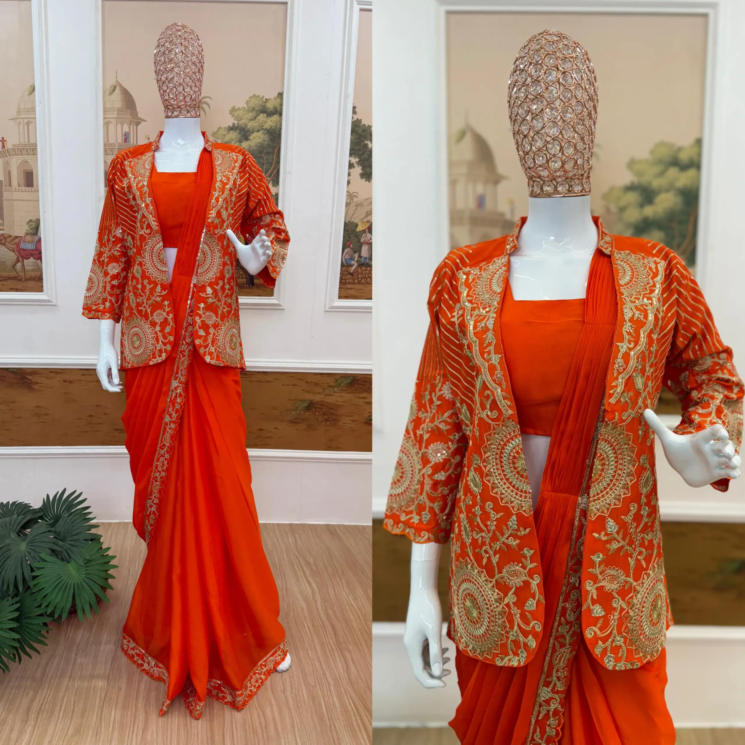 Orange Readymade Saree with Koti