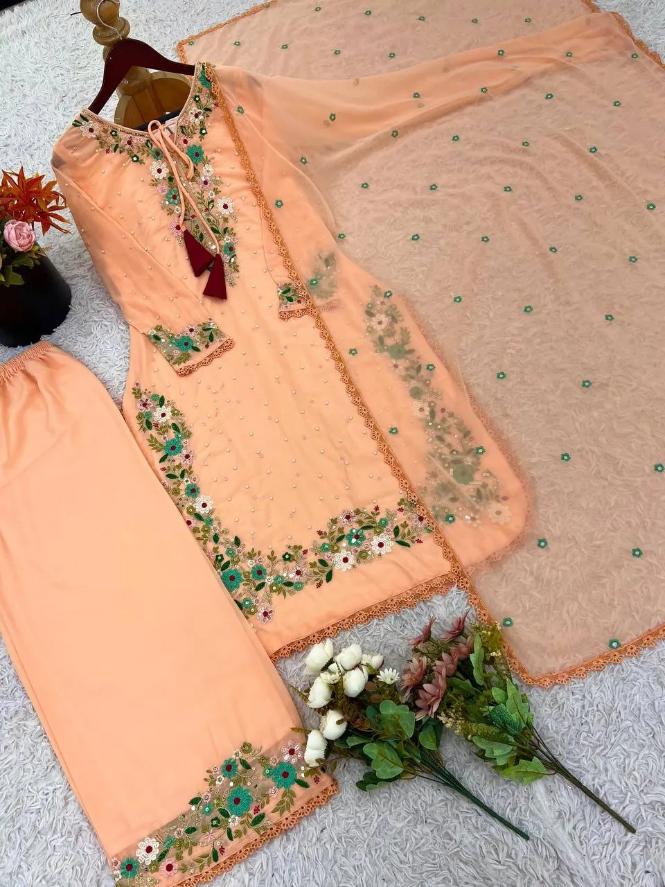 Pastel Orange Embroidery Readymade Pakistani Dress
