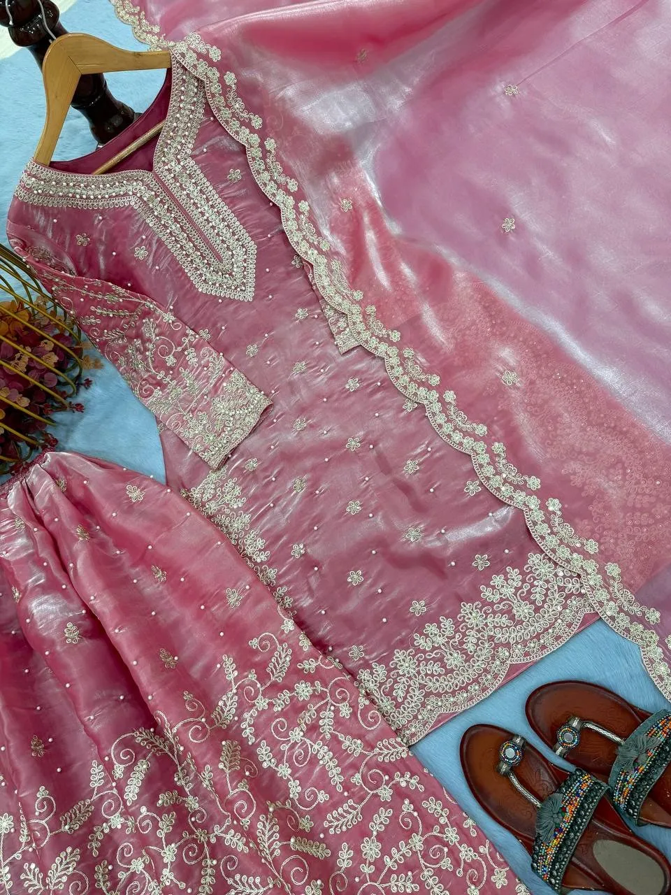 Pastel Pink Pearl Work Pakistani Kurti Set