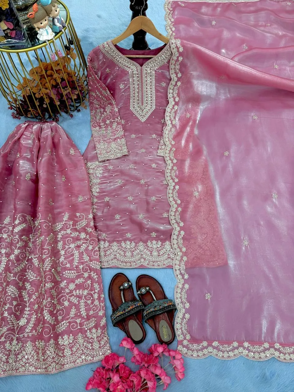 Pastel Pink Pearl Work Pakistani Kurti Set