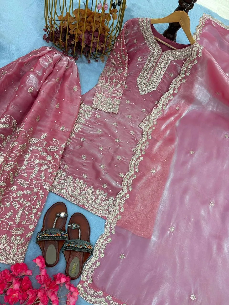 Pastel Pink Pearl Work Pakistani Kurti Set