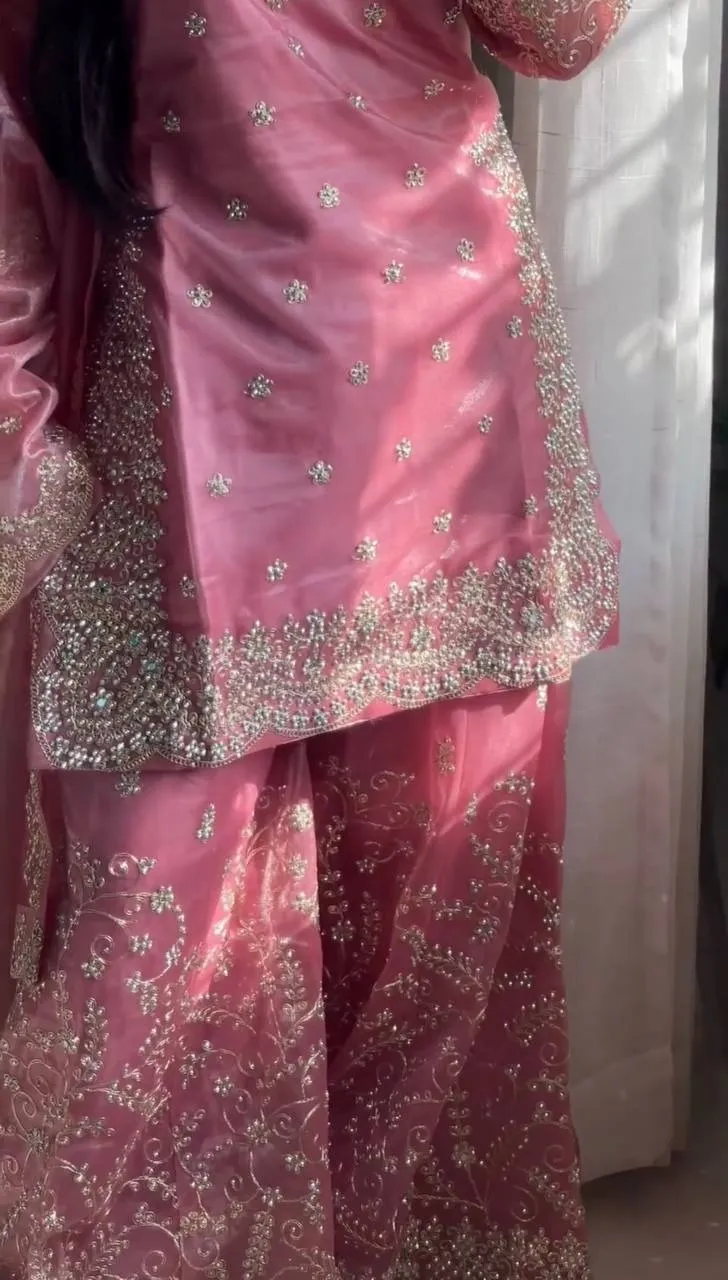 Pastel Pink Pearl Work Pakistani Kurti Set