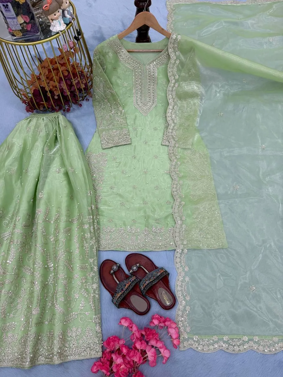 Pastel Pista Pearl Work Pakistani Kurti Set