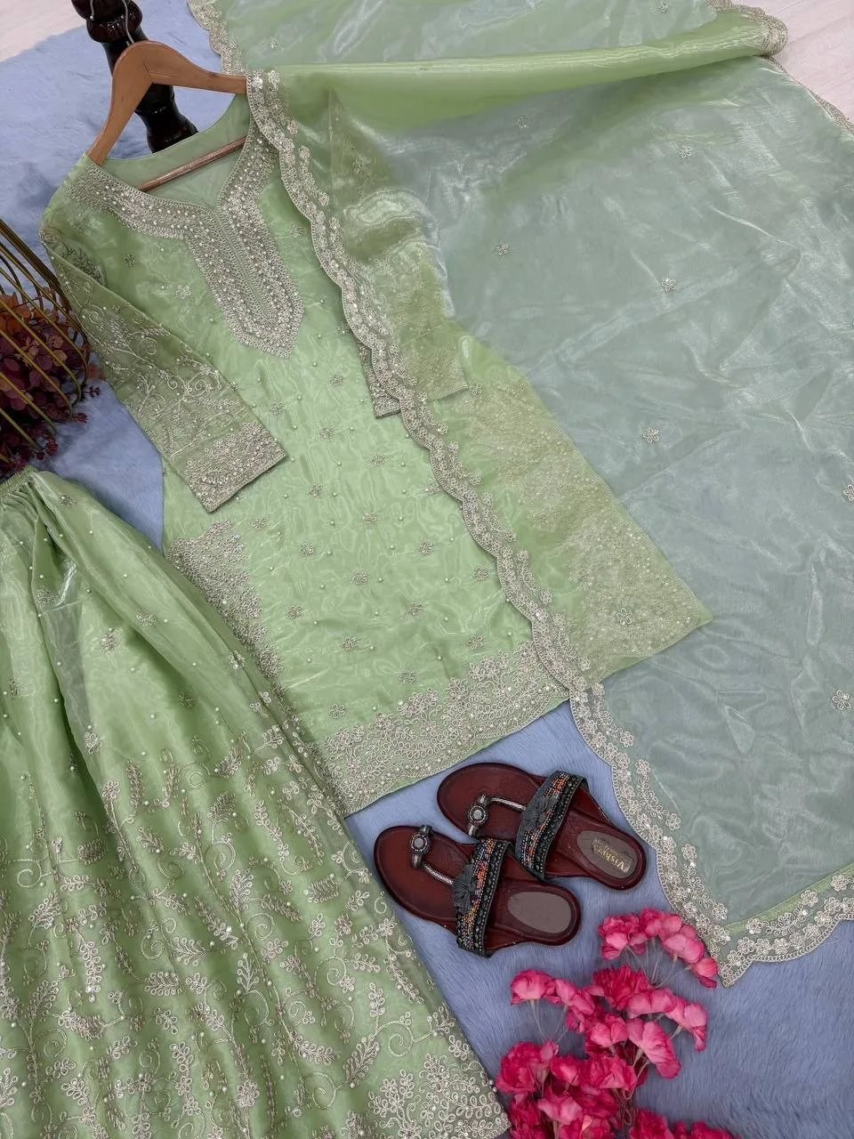 Pastel Pista Pearl Work Pakistani Kurti Set