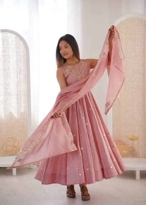 Peach Ethnic Gown with Dupatta Set for Girls