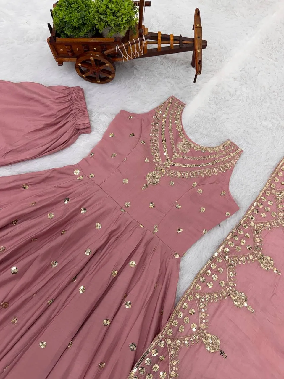 Peach Ethnic Gown with Dupatta Set for Girls