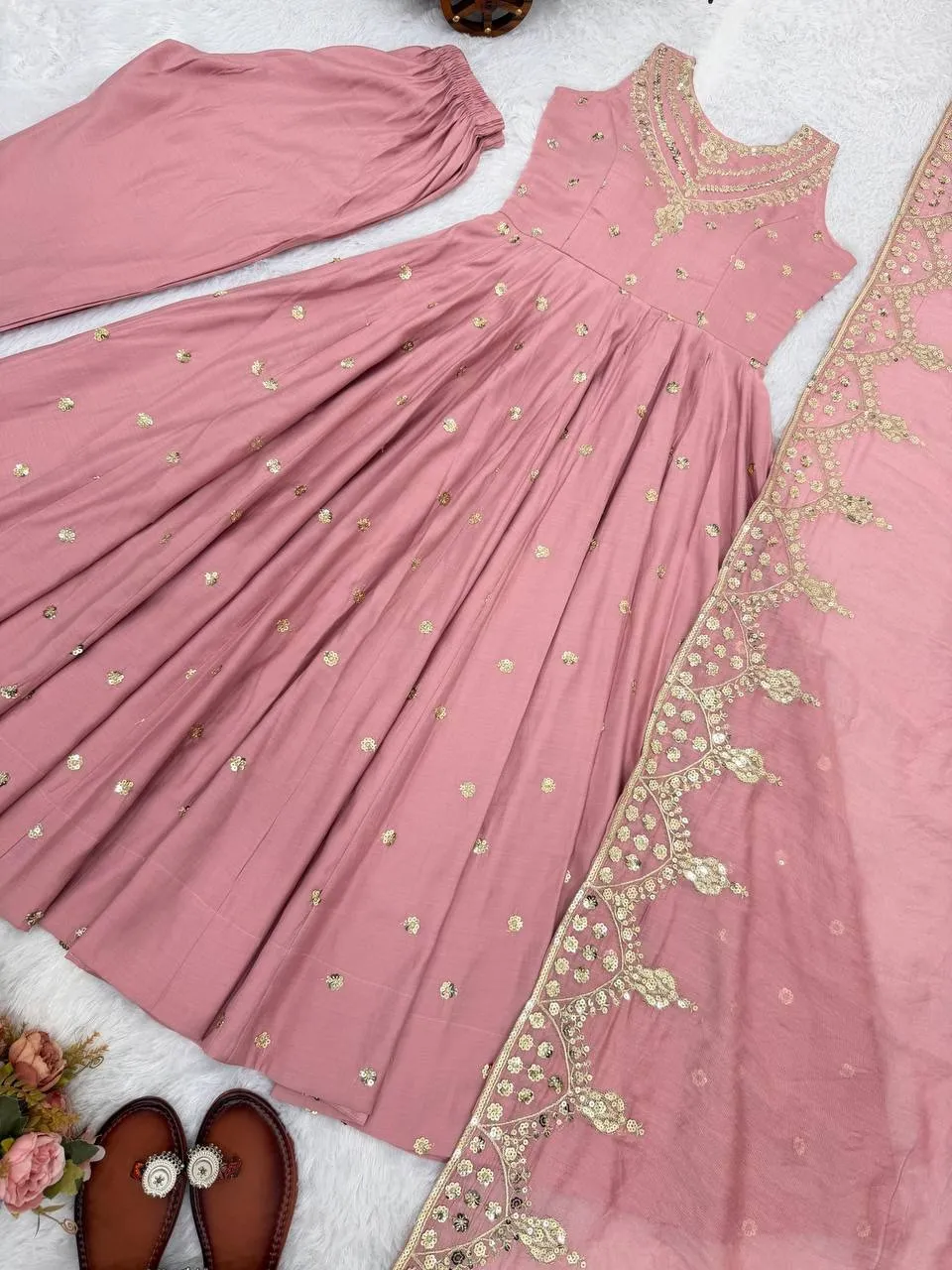 Peach Ethnic Gown with Dupatta Set for Girls