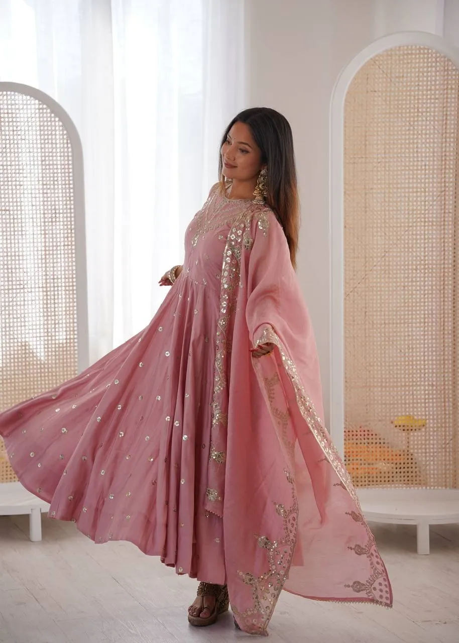 Peach Ethnic Gown with Dupatta Set for Girls