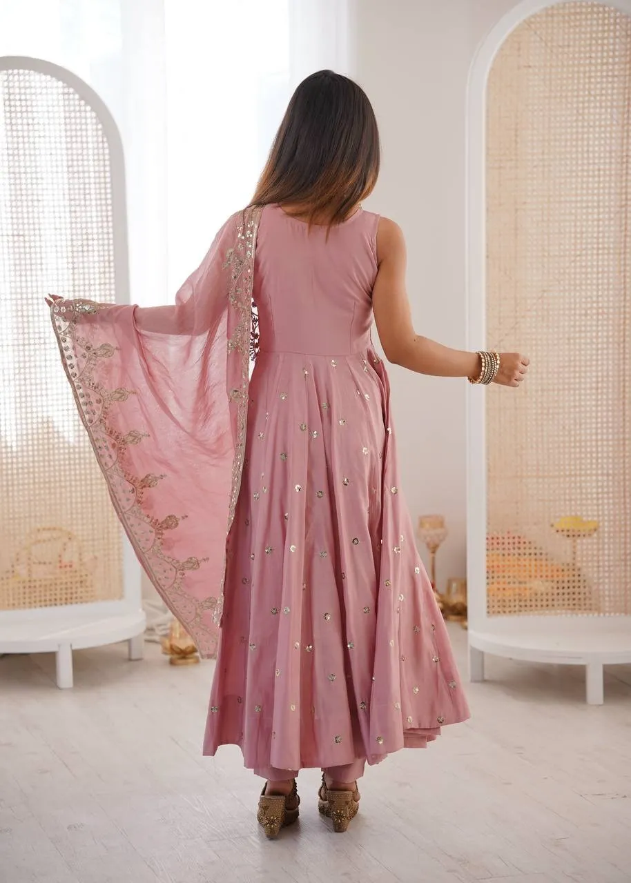 Peach Ethnic Gown with Dupatta Set for Girls