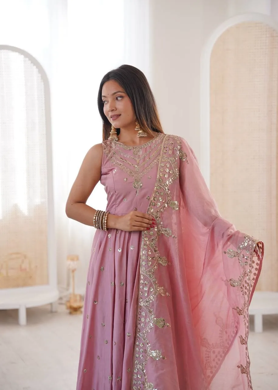 Peach Ethnic Gown with Dupatta Set for Girls