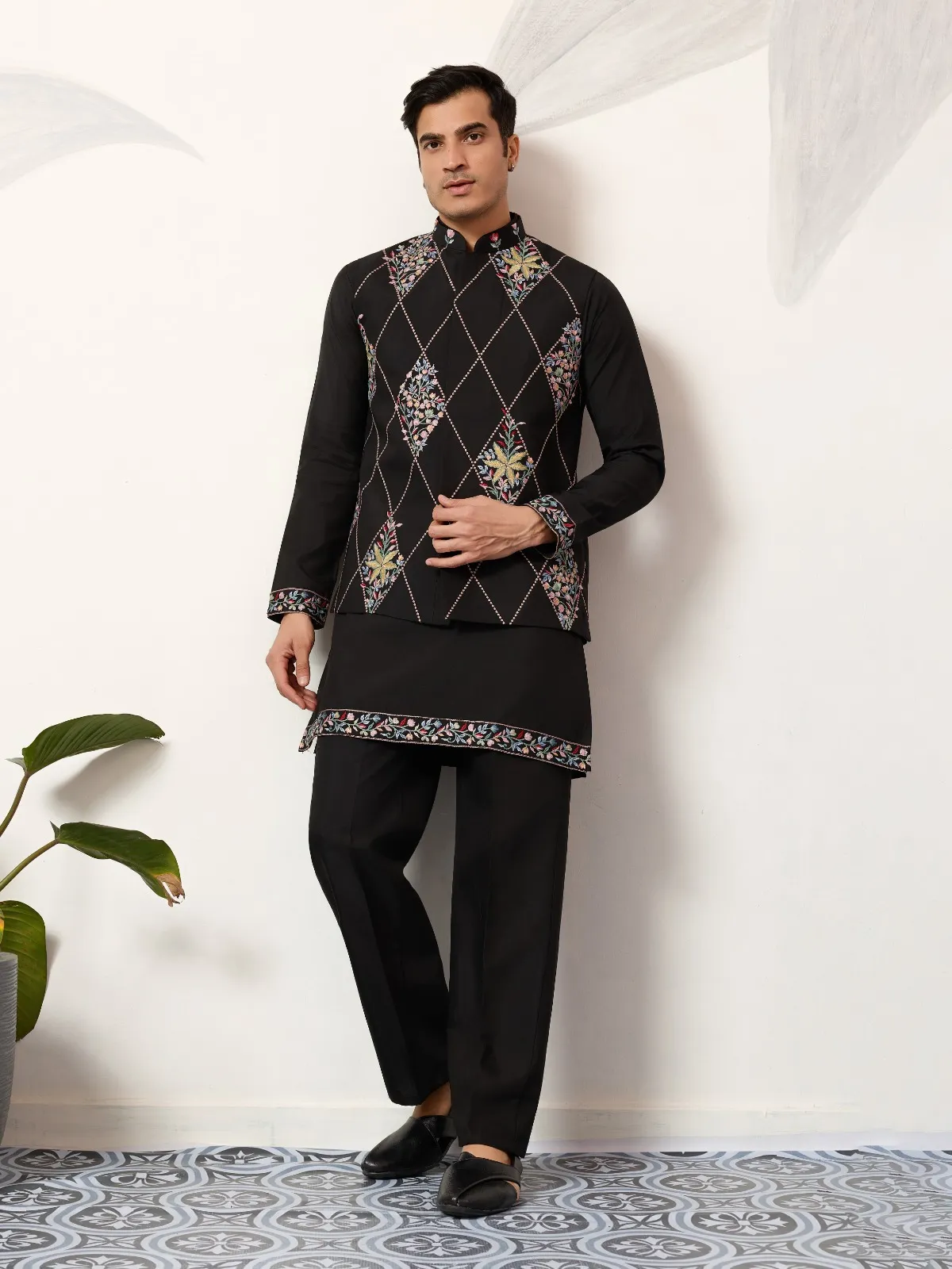 Premium Black Mens Short Kurta with Modi Koti