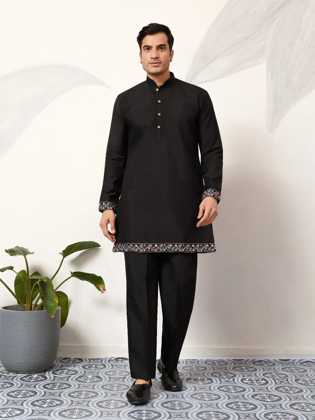 Premium Black Mens Short Kurta with Modi Koti