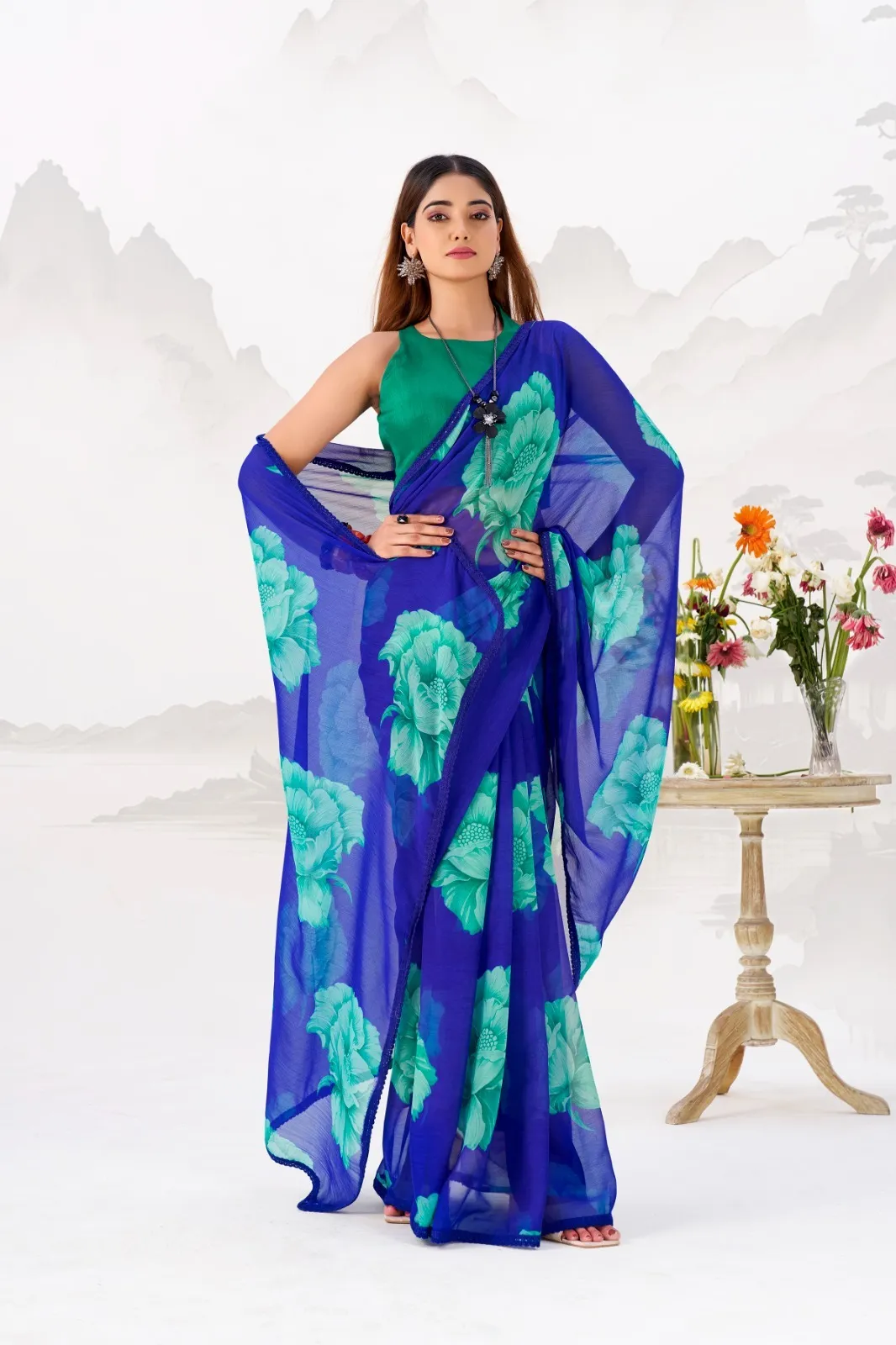 Premium Chiffon Printed Saree with Lace Border