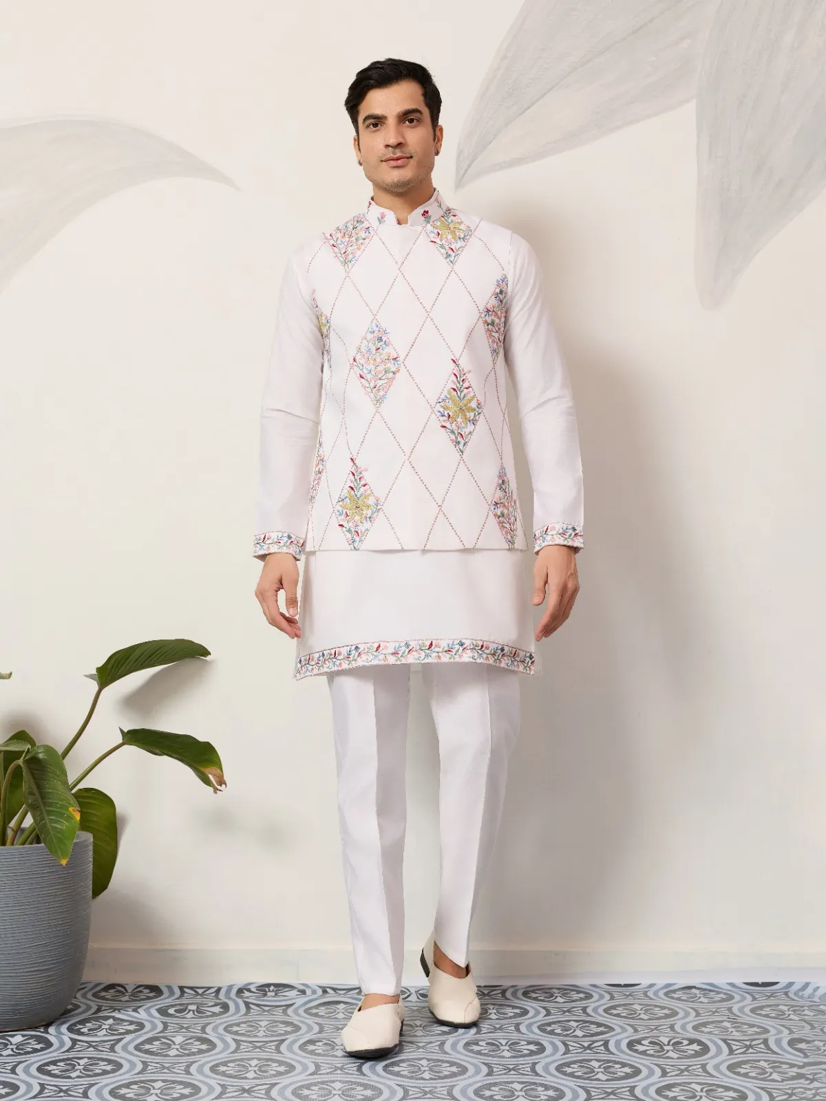 Premium Mens Short Kurta with Modi Koti in White