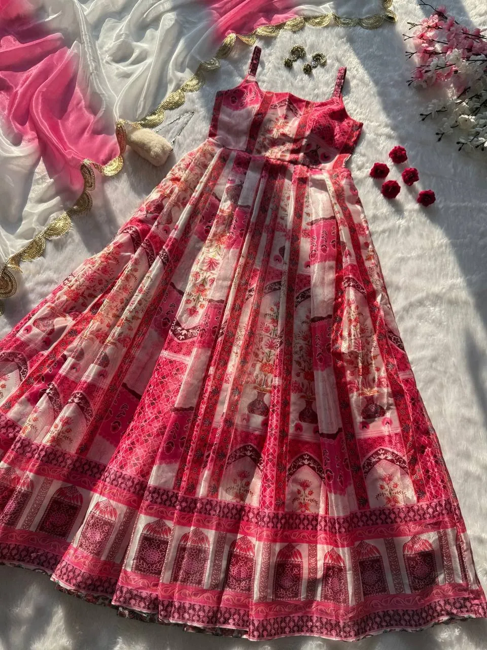 Prettiest Printed Cherry Red Ethnic Anarkali Gown