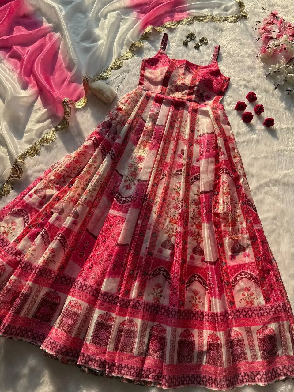 Prettiest Printed Cherry Red Ethnic Anarkali Gown