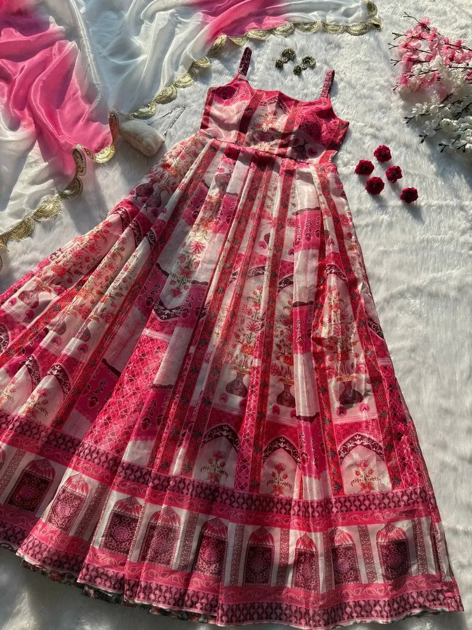 Prettiest Printed Cherry Red Ethnic Anarkali Gown