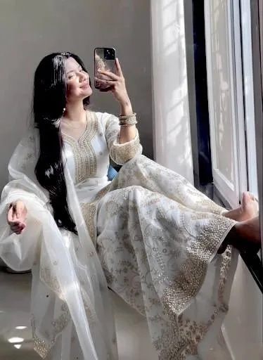 Pure White Pearl Work Pakistani Kurti Set