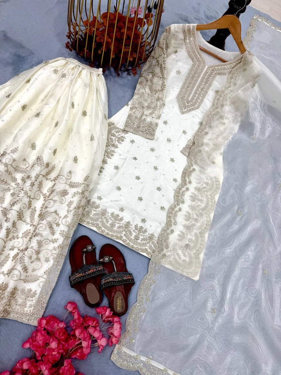 Pure White Pearl Work Pakistani Kurti Set