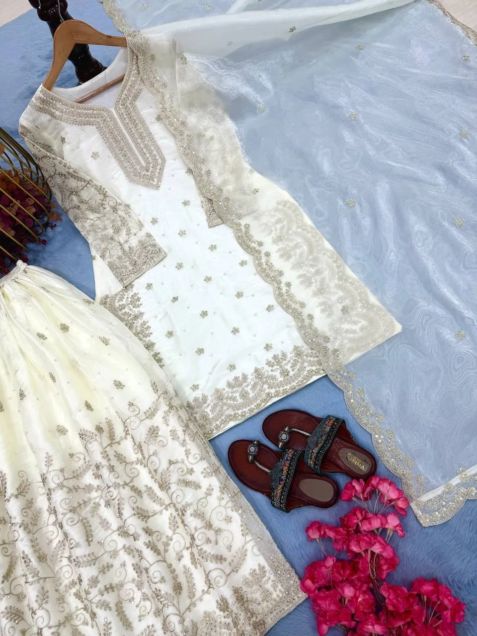 Pure White Pearl Work Pakistani Kurti Set