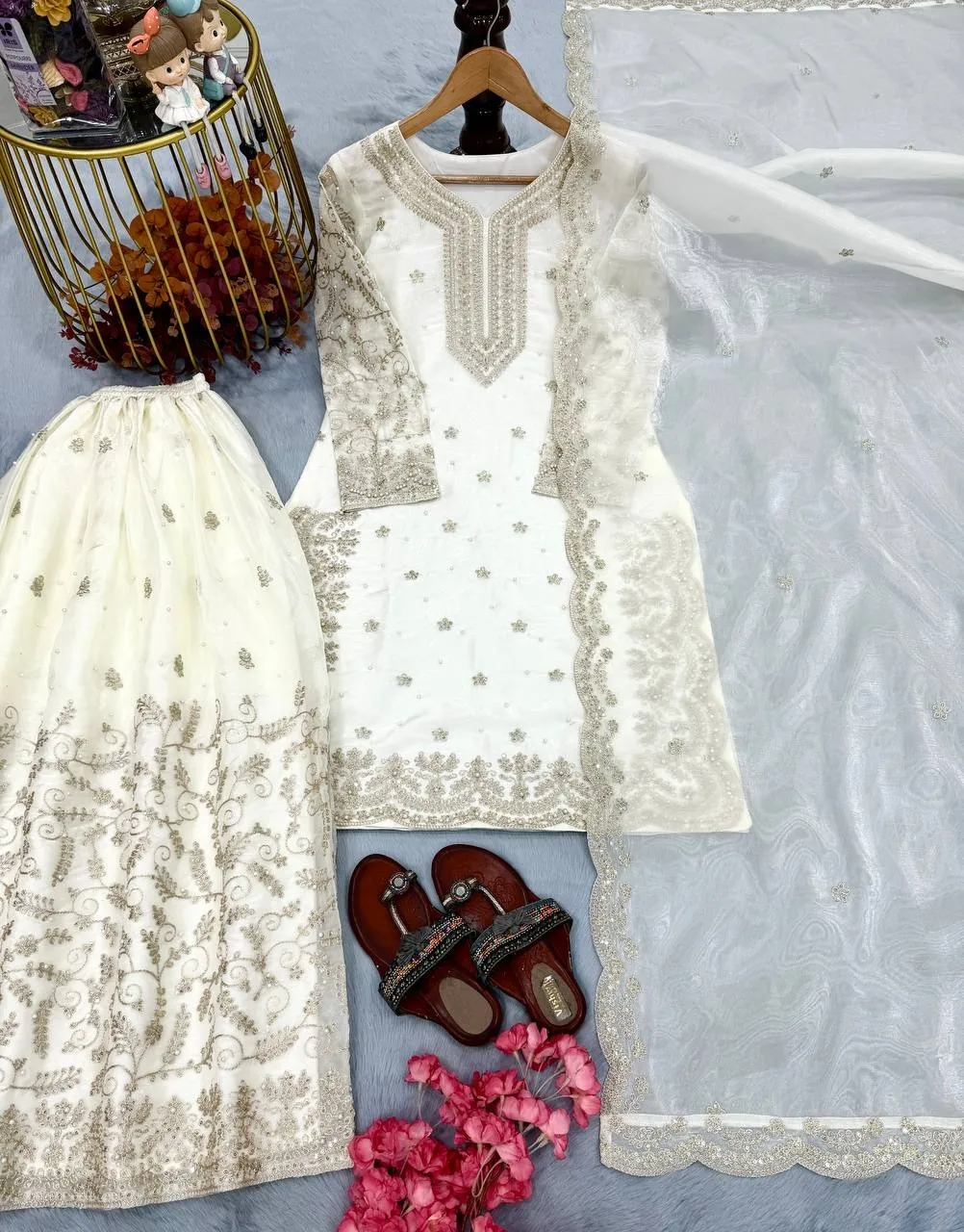 Pure White Pearl Work Pakistani Kurti Set