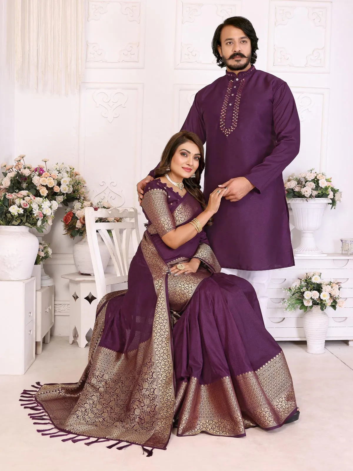 Purple Color Silk Saree with Kurta Couple Combo