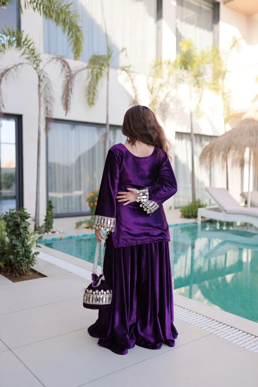 Purple Mirror Work Velvet Co ord Set with Batwa