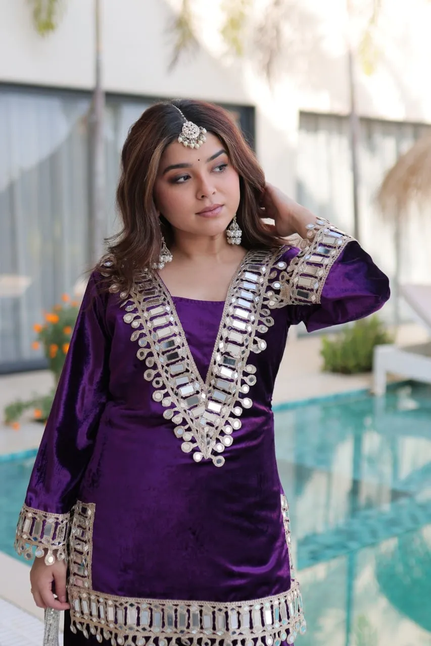 Purple Mirror Work Velvet Co ord Set with Batwa