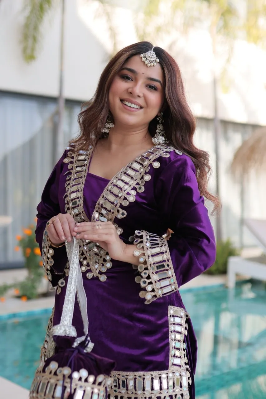 Purple Mirror Work Velvet Co ord Set with Batwa