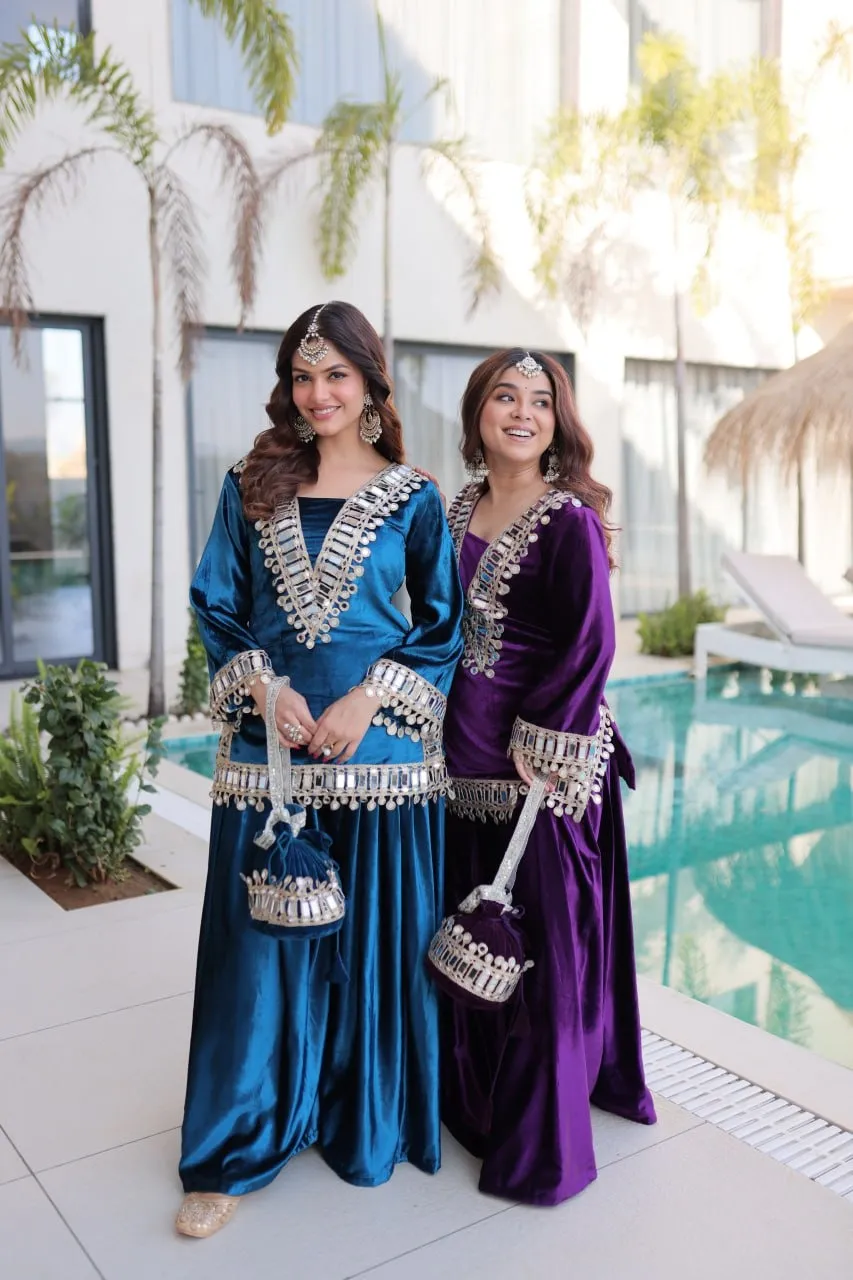 Purple Mirror Work Velvet Co ord Set with Batwa